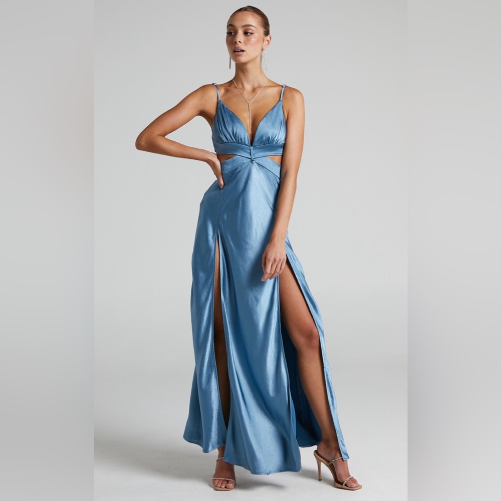 SHOWPO - PRECIOUS MAXI DRESS - PLUNGE CUT OUT DOUBLE SPLIT DRESS IN STEEL BLUE